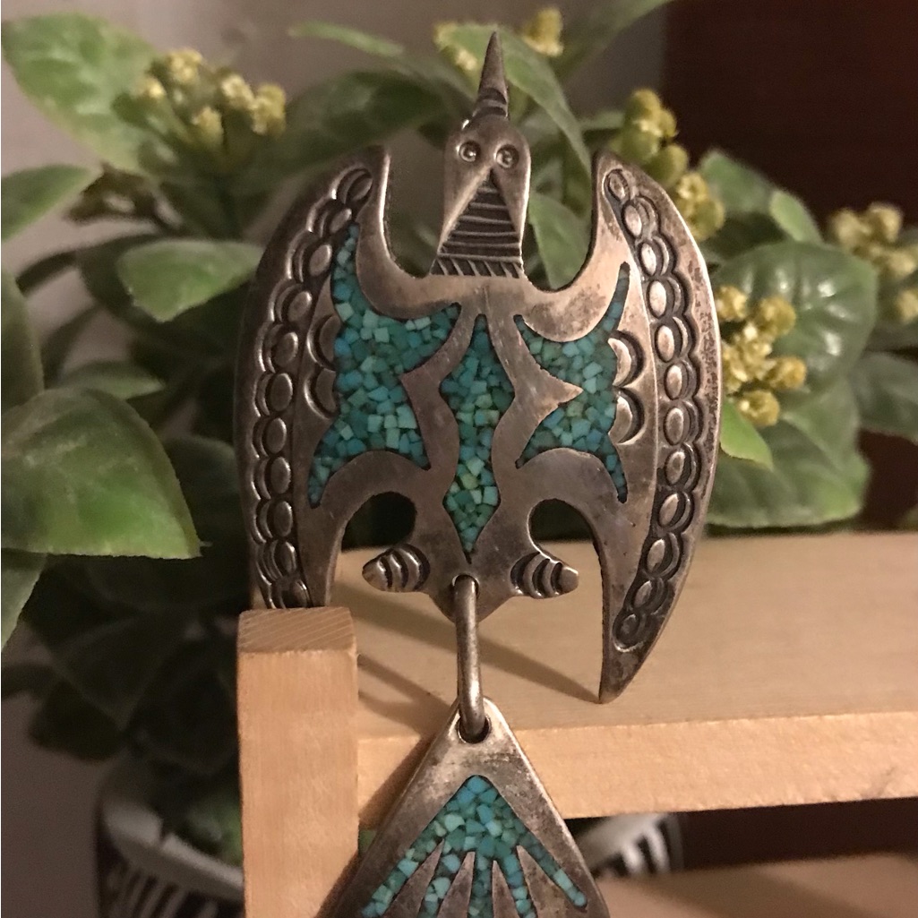 Standout Sterling Turquoise Tool Stamp Bird Brooch 320$
